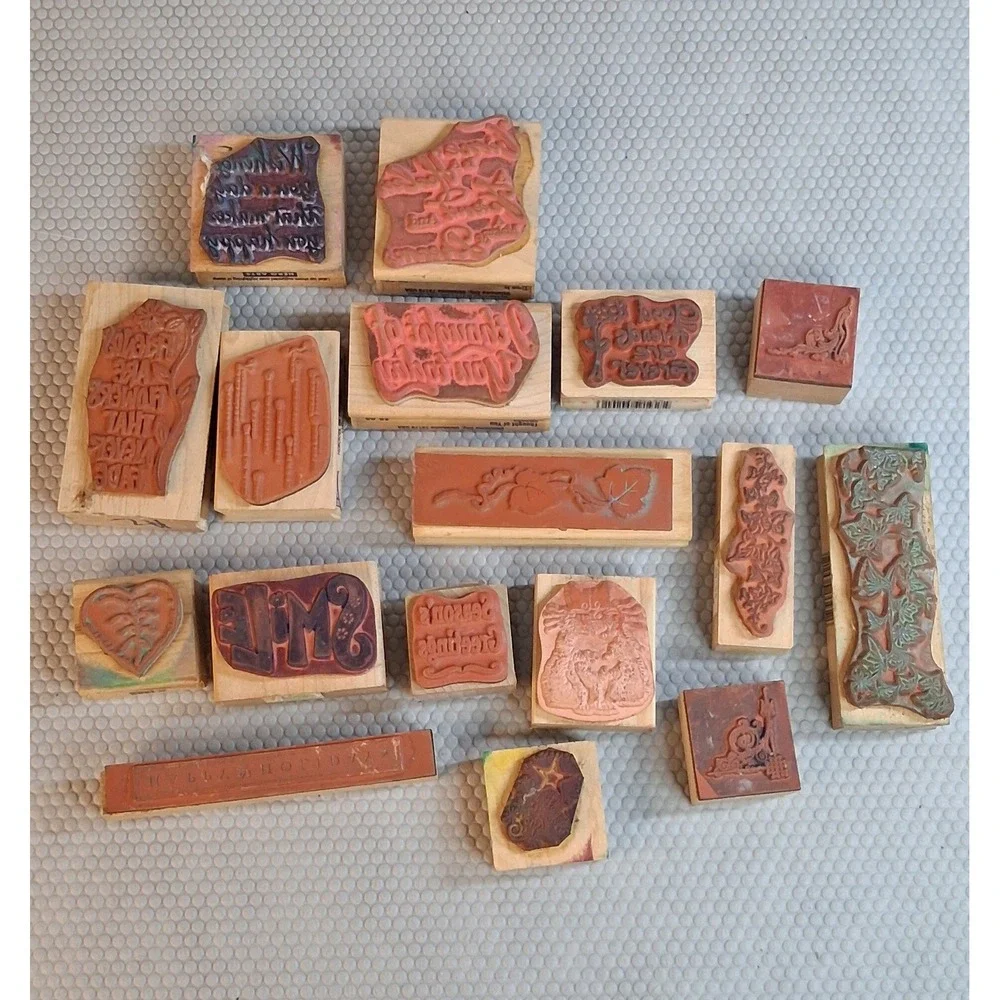 Vintage Wood Block Rubber Stamp Lot of 17 - Mixed Brands Crafting Scrapbook Card